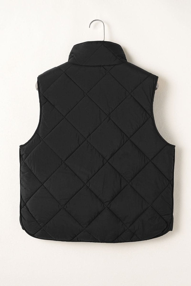Black Quilted High Neck Button Up Pocket Vest Coat - Love Salve